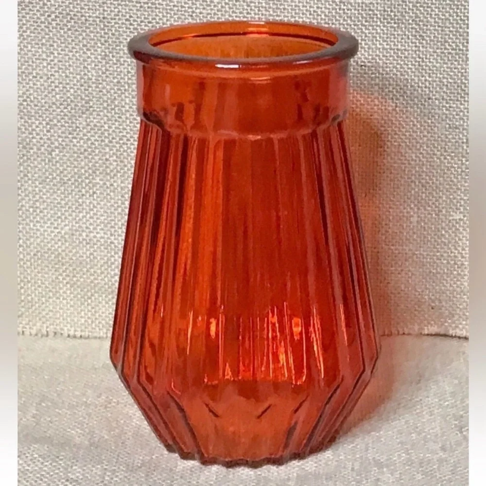 Orange Ribbed Glass Vase w Clear Bottom Hippie Boho Goblincore Halloween Harvest